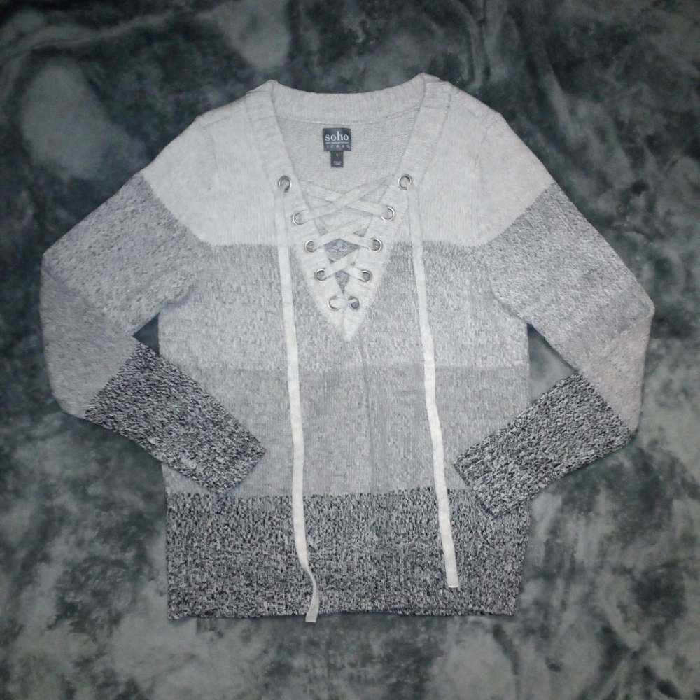 Gray Ombre Lace Up Sweater